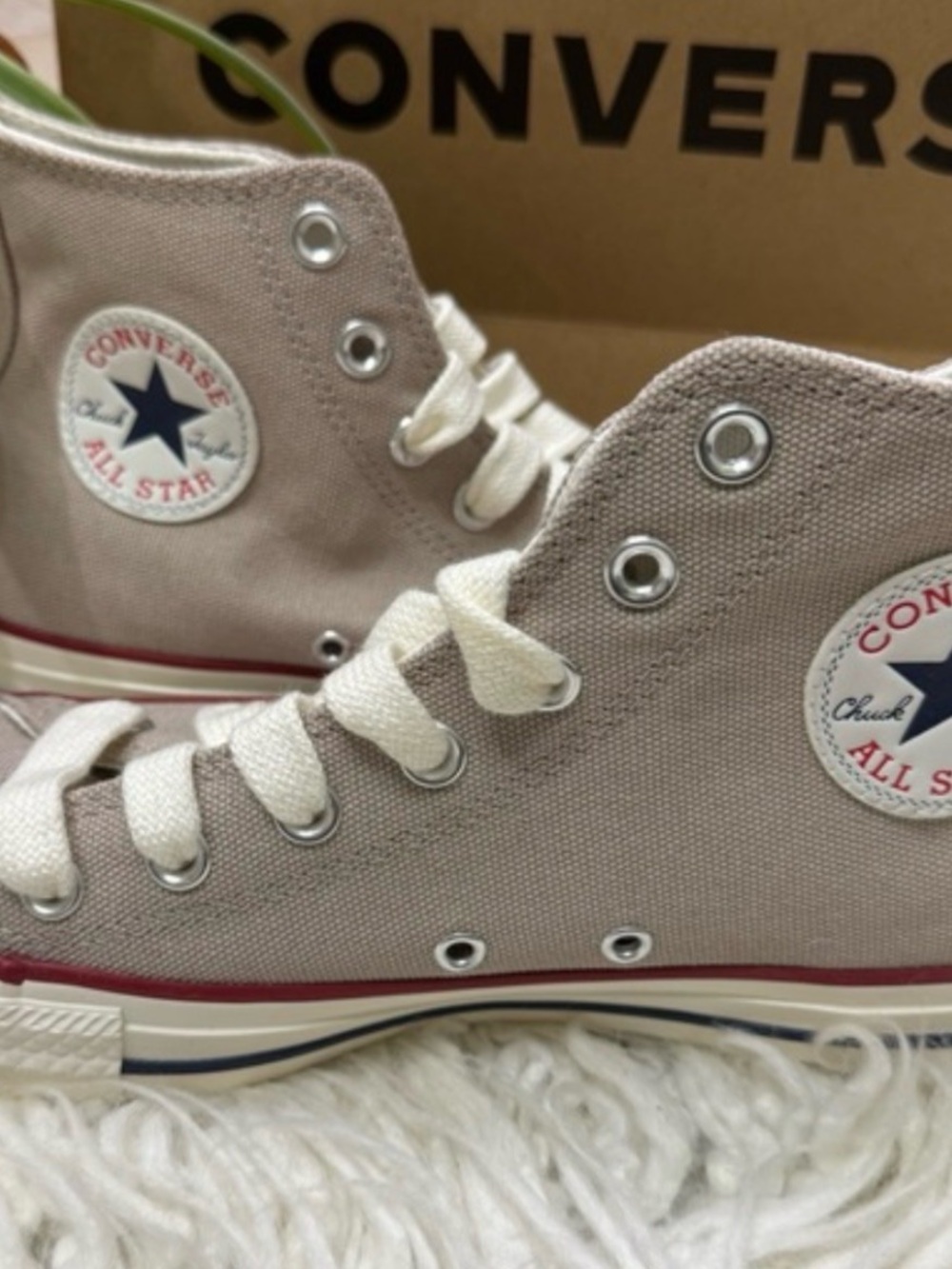 Converse High Top Sneakers in Taupe with Red Trim
